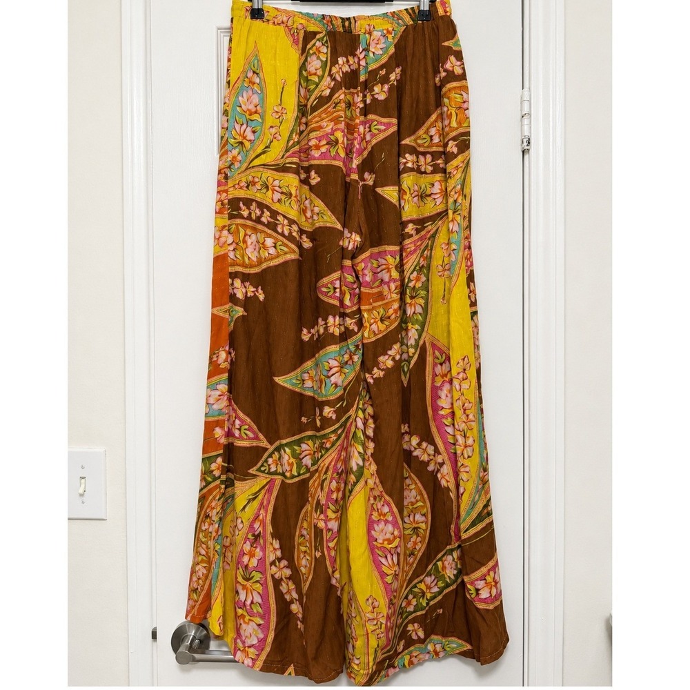 Haute Hippie Style Floral Paisley Print Wide Leg Pants Medium Wooden Bead Tie - Picture 5 of 7